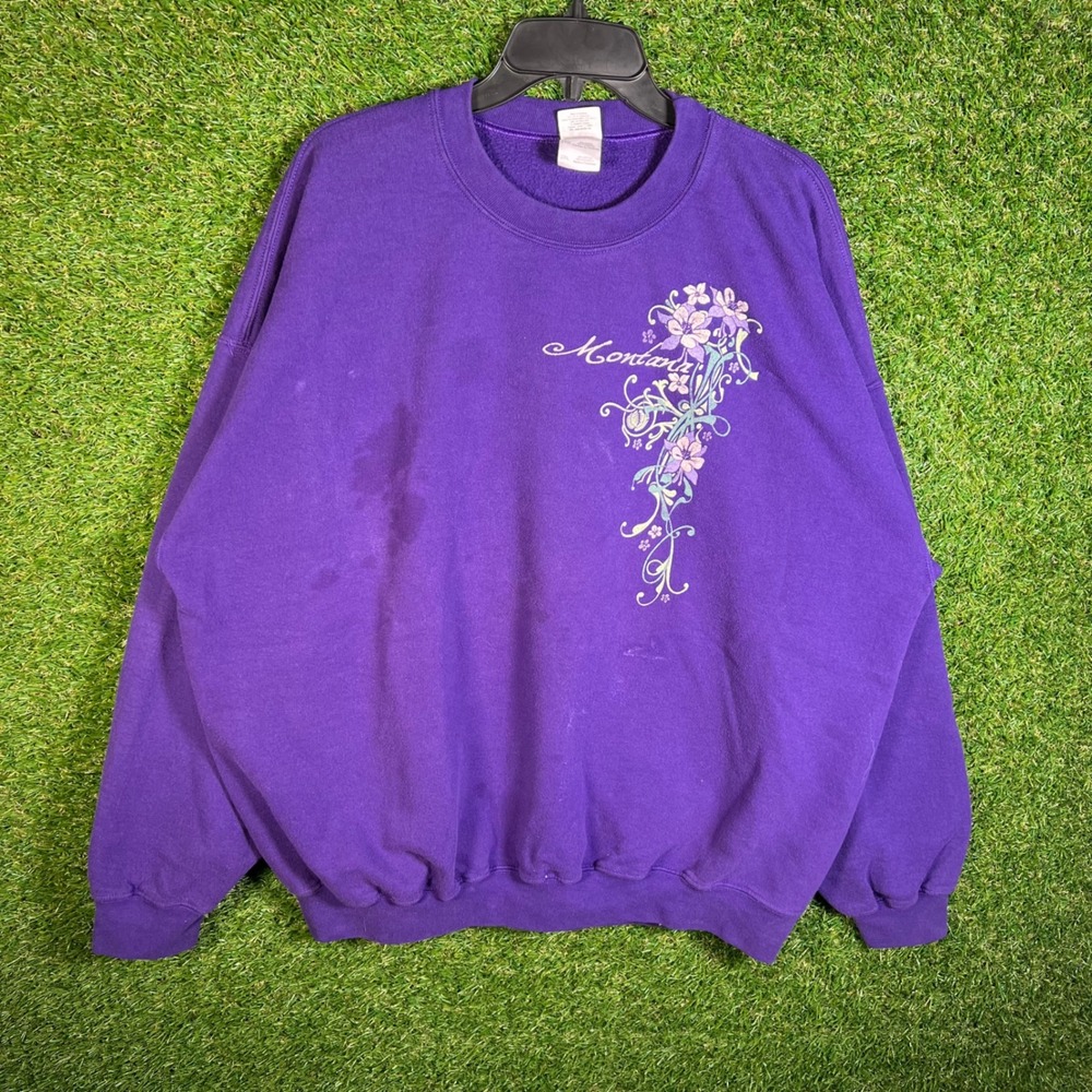 Gildan Ultra Blend Montana Floral‎ Graphic Sweatshirt Purple Mens 2XL